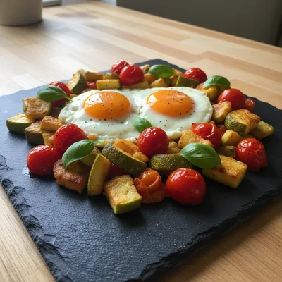 Fried Courgette and Tomatoes with  Summer Eggs