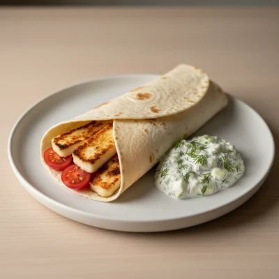 Grilled Halloumi Wrap with Cherry Tomatoes and Homemade Tzatziki